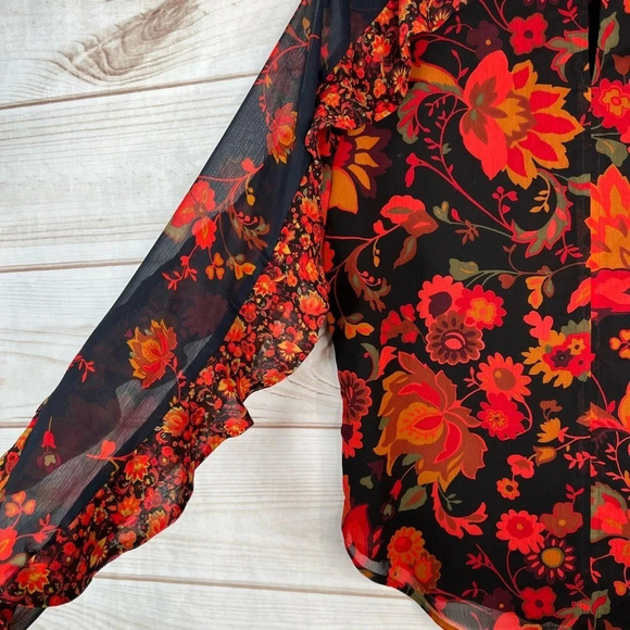 LOFT Floral Print Long Sleeve Semi Sheer Ruffle Top Size Small Blue Red - Picture 10 of 14